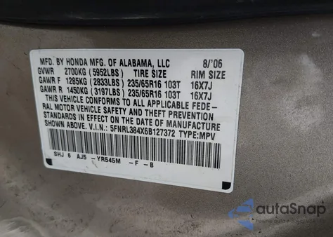 2006 Honda Odyssey Ex from USA, damaged, VIN 5FNRL384X6B127372